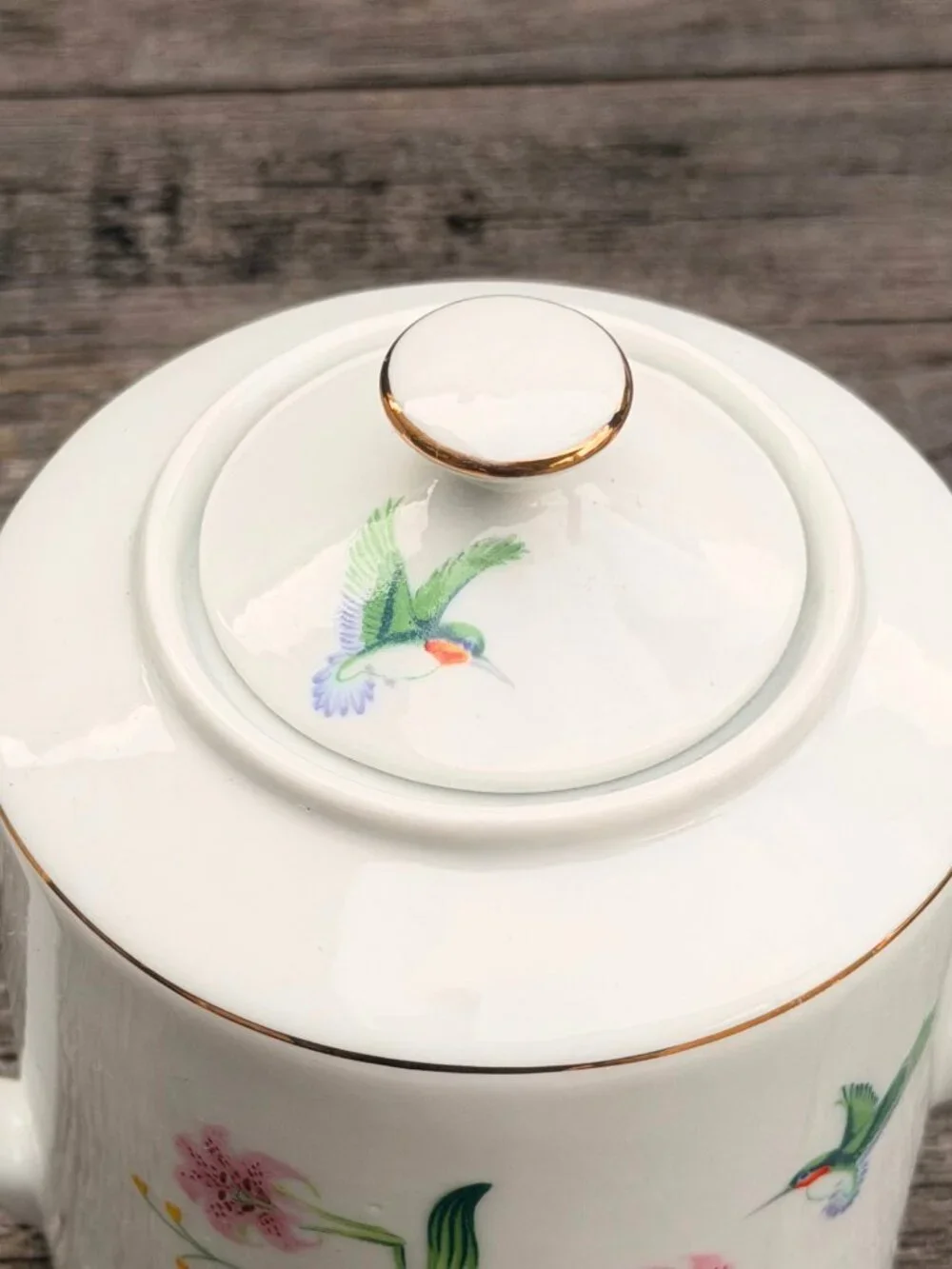 Vintage MCM White Porcelain Teapot with Hummingbird & Pink Lily Flowers Japan